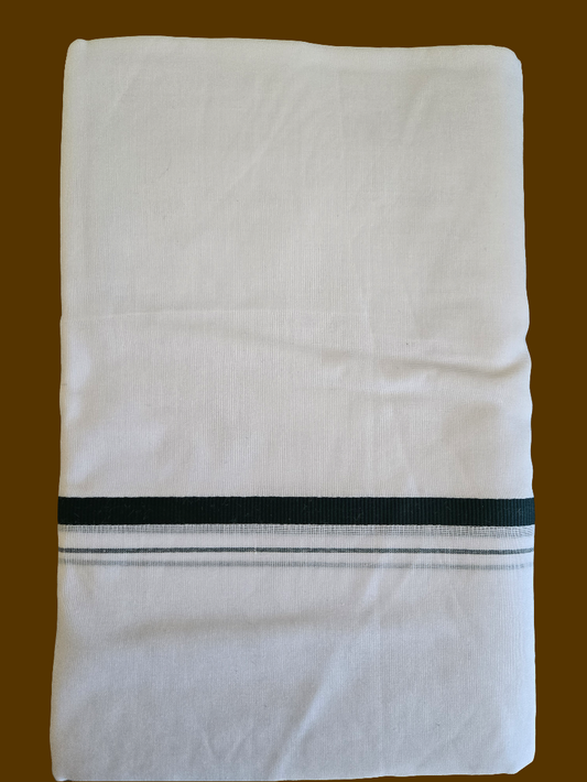 Pretty Men's White Premium Pure Cotton Dhoti With Dark Green Color Border