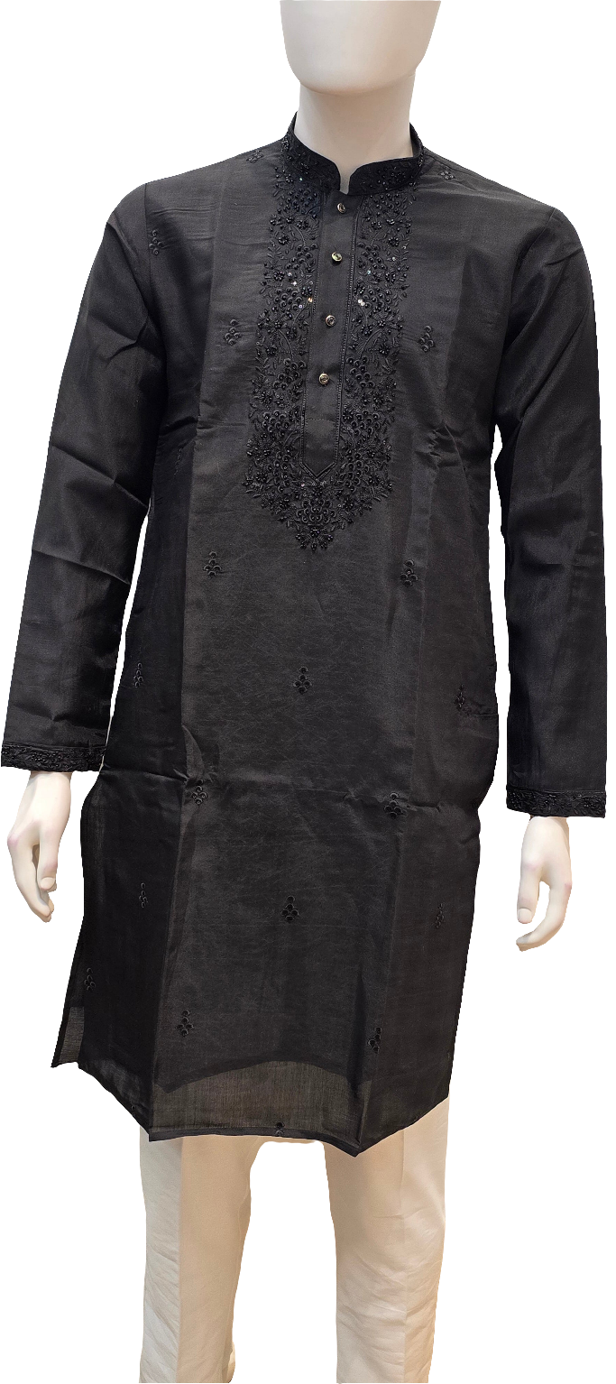 Attractive Black Color Silk Embroidery Kurta With Pajama Suits For Men