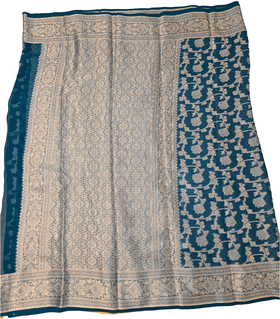 Attractive Blue Color Banarasi Silk Saree With Silver Flower Design And Grand