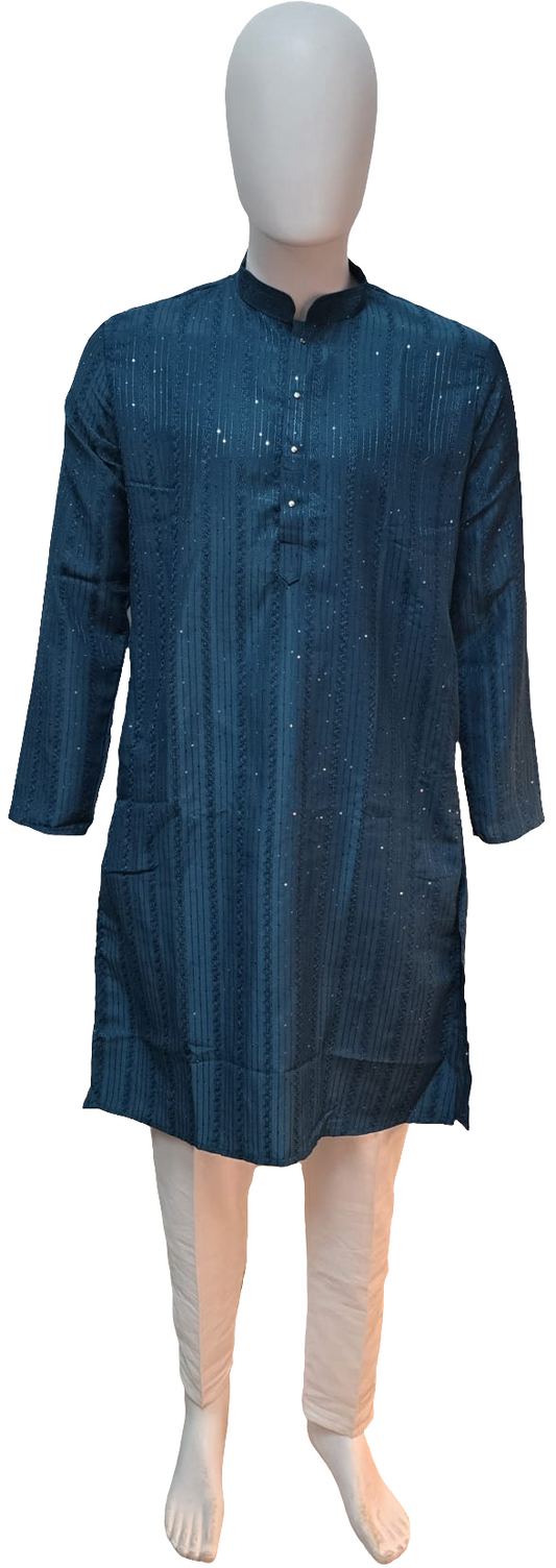 Alluring Teal Green Color Cotton Embroidered Kurta With Pajama For Men