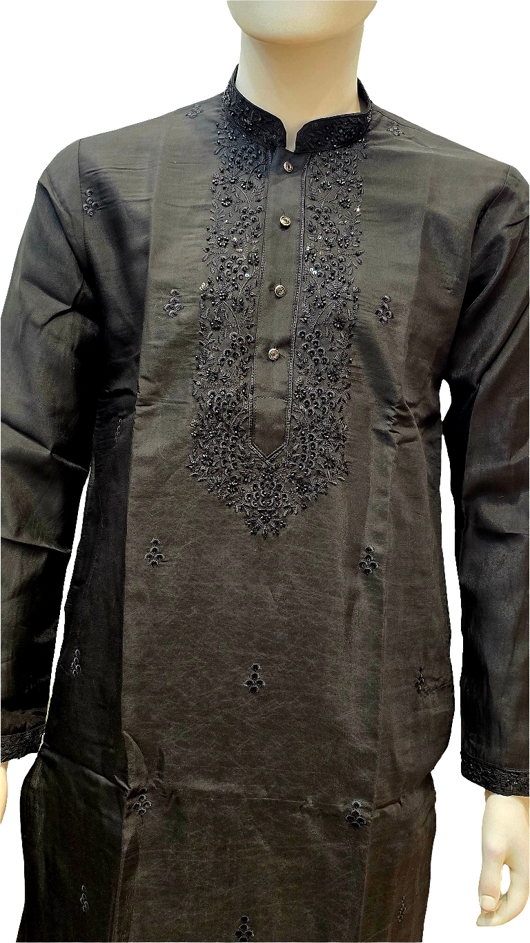 Attractive Black Color Silk Embroidery Kurta With Pajama Suits For Men