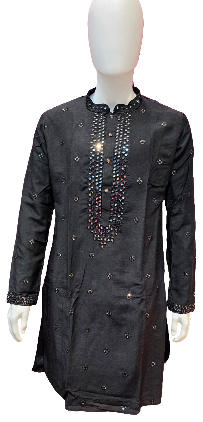 Beautiful Black Colored Silk Brocade Kurta Suits For Men