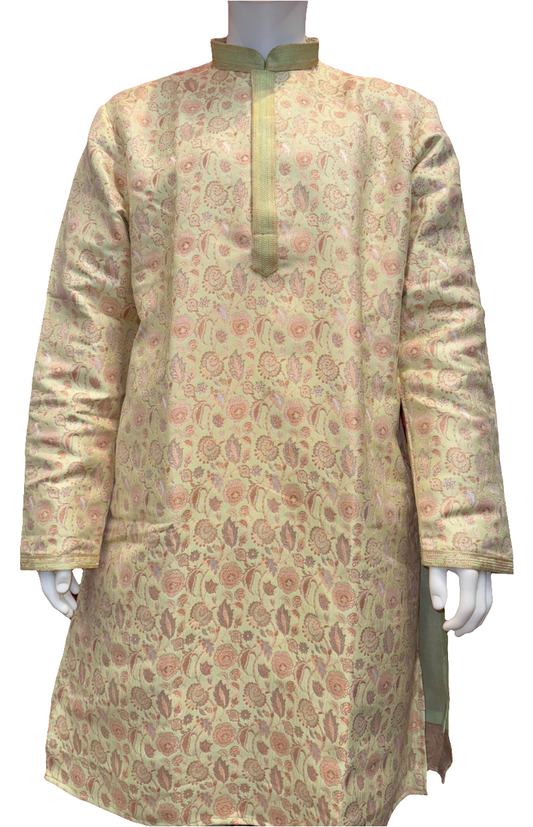 Attractive Pista Green Floral Design Brocade Kurta Pajama Set For Men