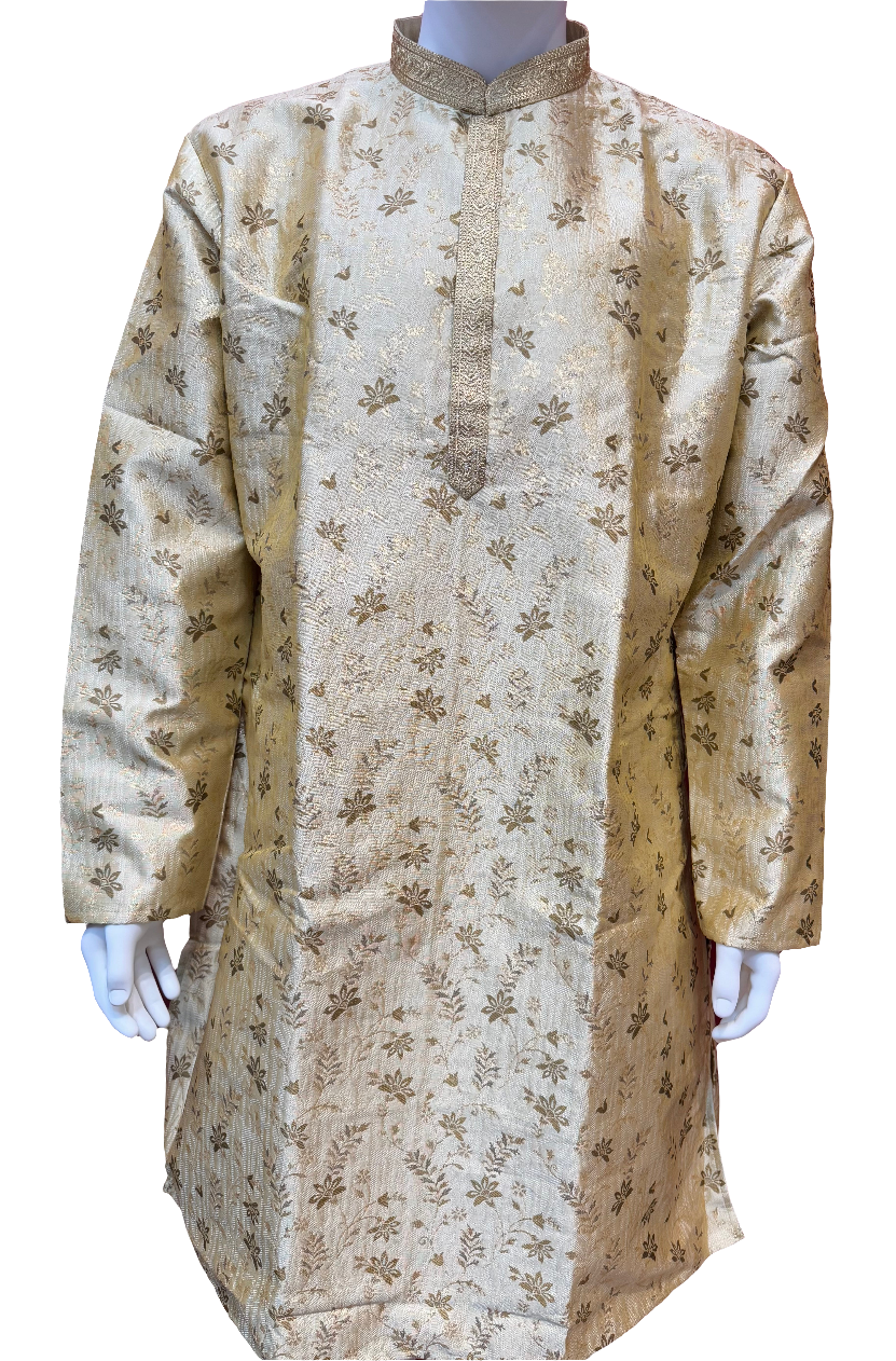 Beautiful Gold Color Zari Brocade With Linning Embroidery Work Kurta Pajama Pant For Men