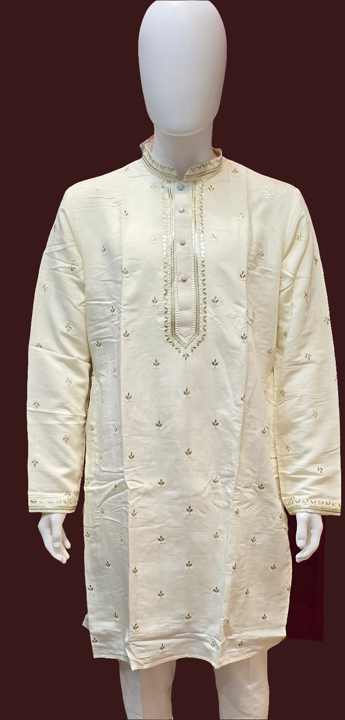 Marvelous Cream Colored Silk Brocade Kurta Suits For Men