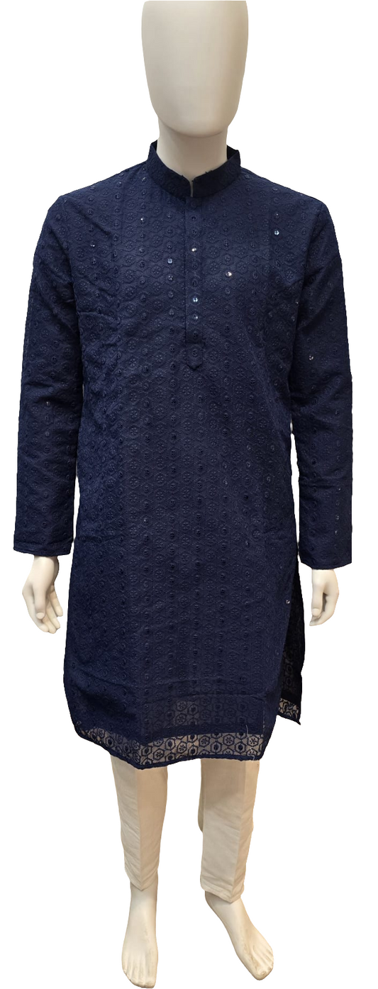 Attractive Blue Color Rayon Embroidered Kurta With Pajama For Men