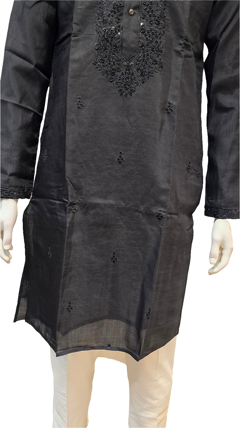 Attractive Black Color Silk Embroidery Kurta With Pajama Suits For Men