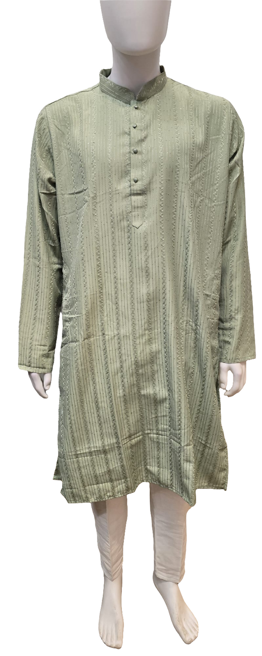 Alluring Light Green Color Cotton Embroidered Kurta With Pajama For Men