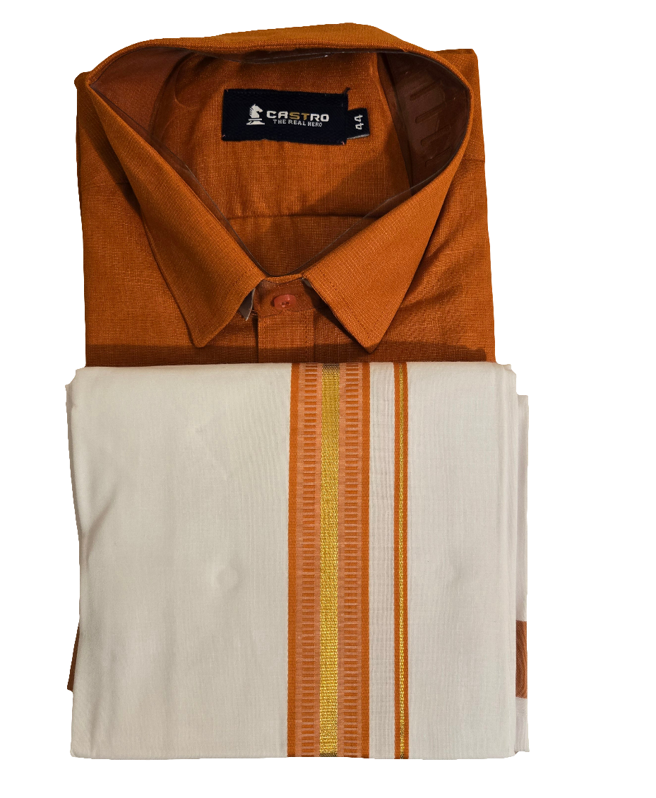 Alluring Brown Color Half Sleeves Cotton Shirt With Matching Border Dhoti Set