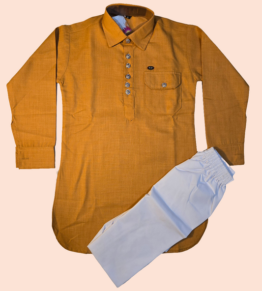 Elegant Mustard Yellow Color Cotton Kurta With Pajama Pant For Kids