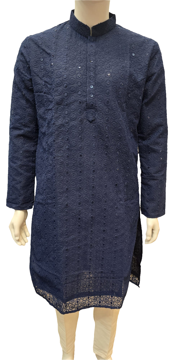 Attractive Blue Color Rayon Embroidered Kurta With Pajama For Men