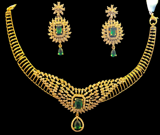 Attractive Green Color Emerald Stones Gold Plated Necklace With Earrings Set