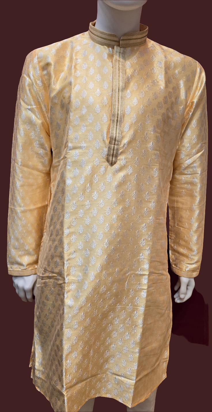 Stunning Cream Color Silver Zari Embroidery Work Banarasi Brocade Kurta Suits For Men