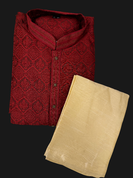 Beautiful Red Colored Jacquard Kurta Set For Men
