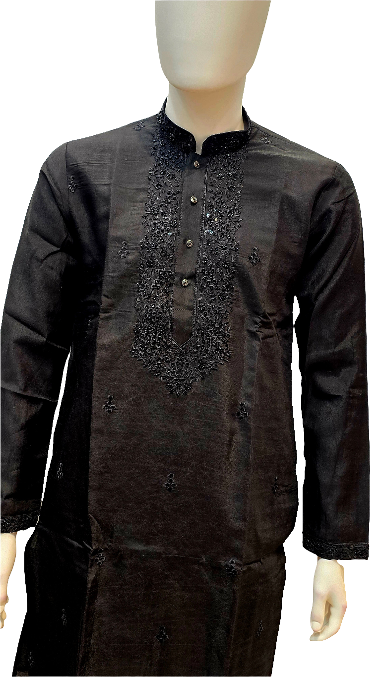 Attractive Black Color Silk Embroidery Kurta With Pajama Suits For Men