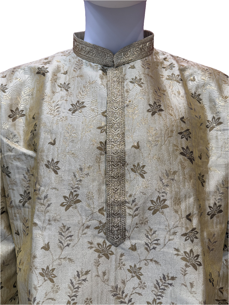 Beautiful Gold Color Zari Brocade With Linning Embroidery Work Kurta Pajama Pant For Men