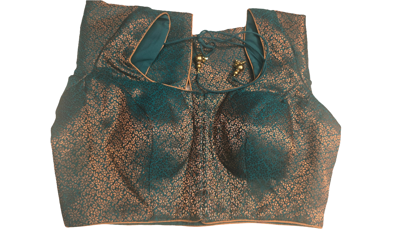 Elegant Front Open Teal Green Color Brocade Elbow Sleeve Readymade Blouse For Women