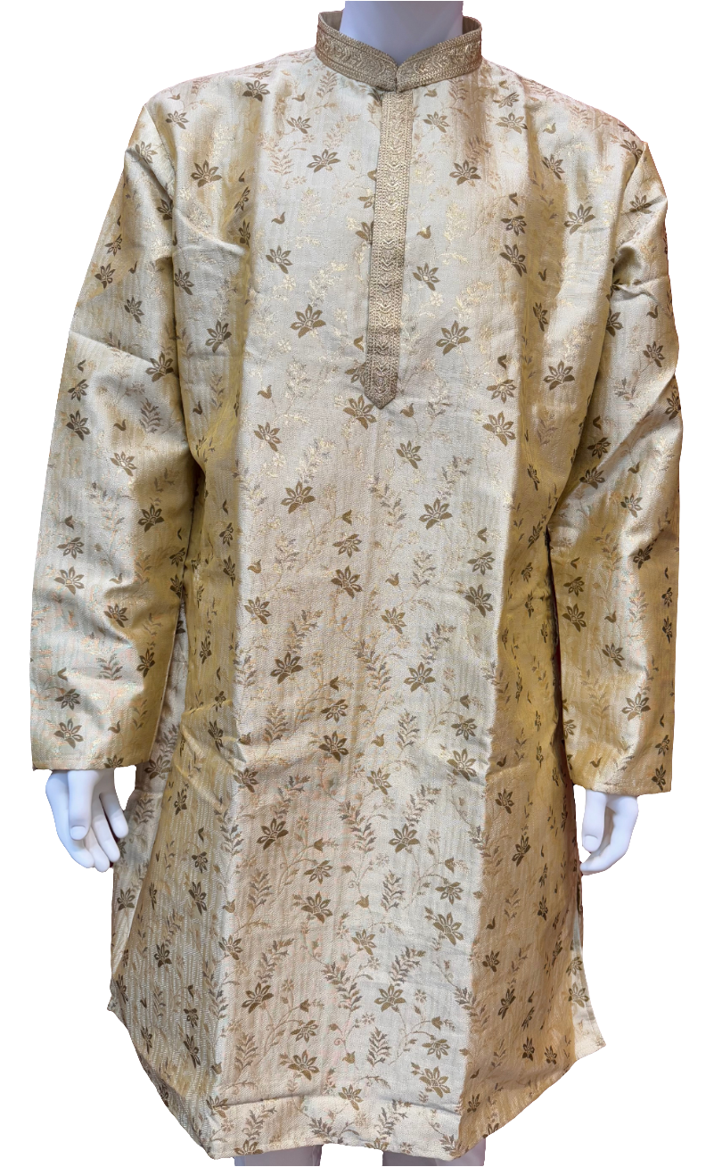 Beautiful Gold Color Zari Brocade With Linning Embroidery Work Kurta Pajama Pant For Men