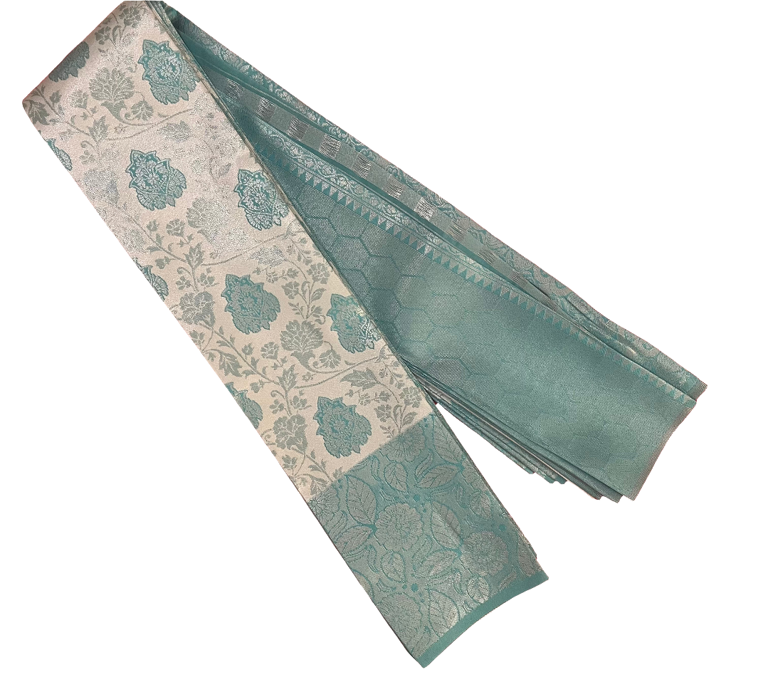 Alluring Teal Green Flower Design Tissue Silk Saree