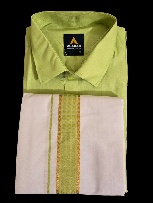 Delightful Green Color Half Sleeves Cotton Shirt With Matching Border Dhoti Set
