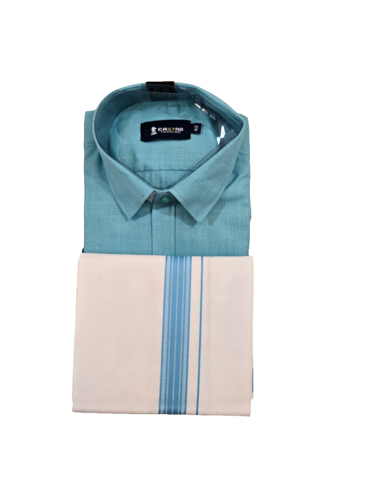 Beautiful Sea Blue Color Half Sleeves Cotton Shirt With Matching Border Dhoti Set
