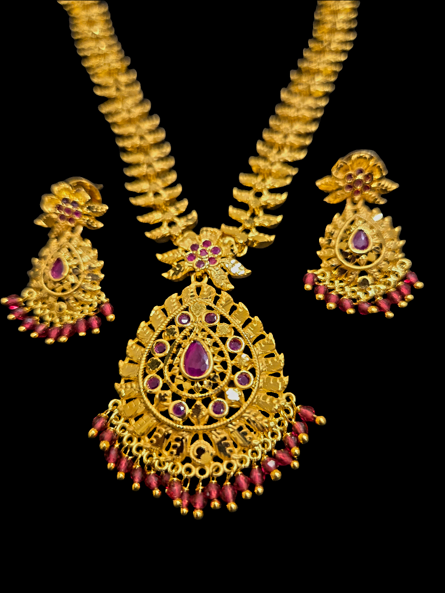 Gold Plated Dark Pink Stone Studded Necklace With Earrings Near Me