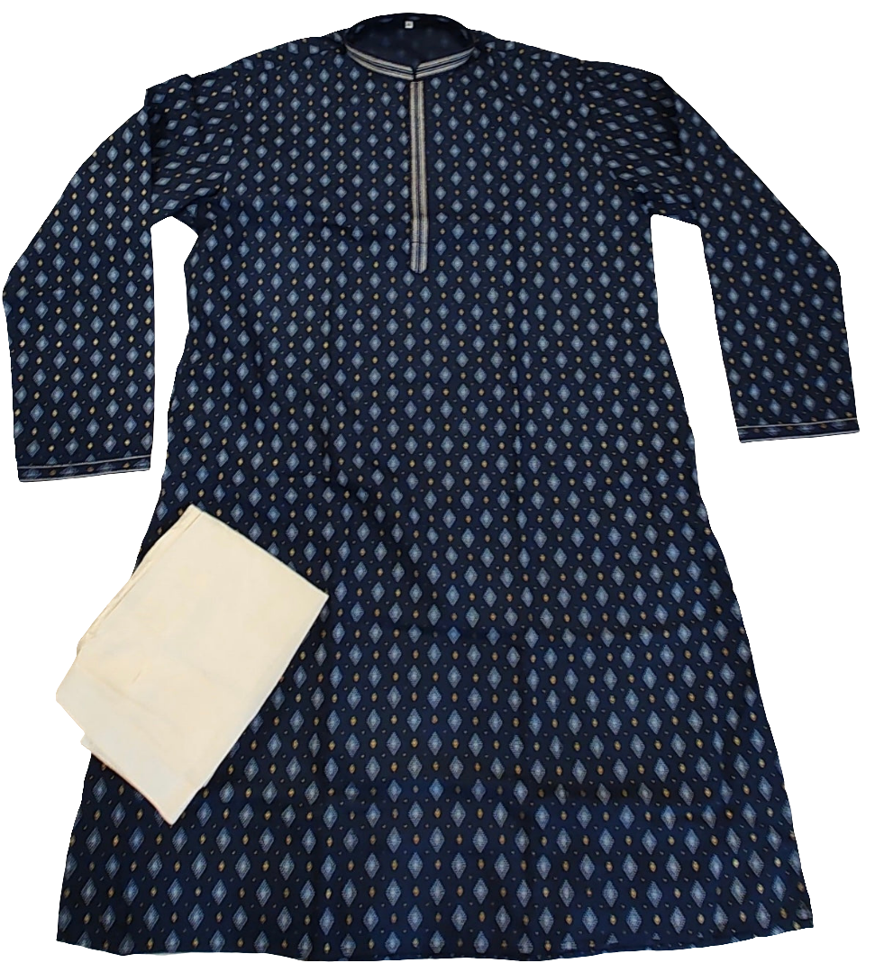 Beautiful Blue Color Cotton Kurta Set With White And Golden Design