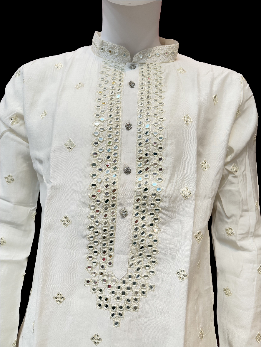 Attractive Cream Color Silk Kurta With Embroidery Work Suits For Men