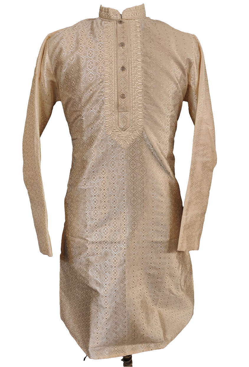 Beautiful Beige Color Silver Zari Brocade With Lining Full Sleeve Embroidery Kurta Pajama Set For Men