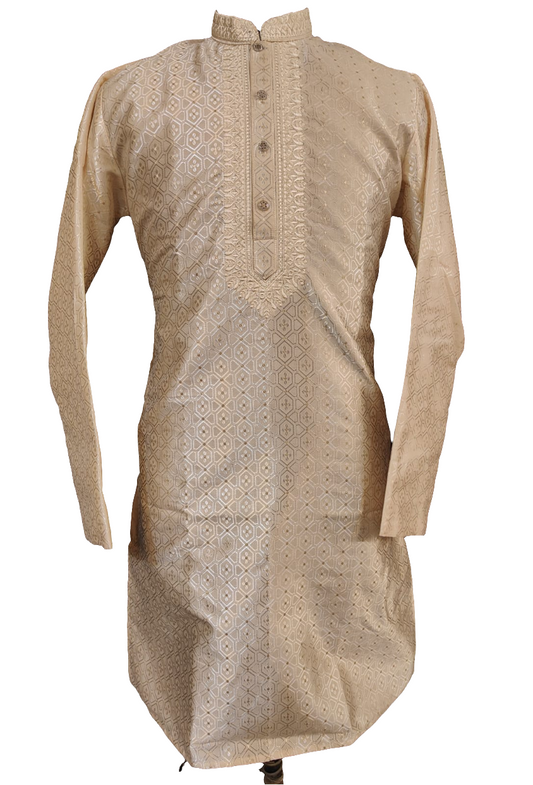 Beautiful Beige Color Silver Zari Brocade With Lining Full Sleeve Embroidery Kurta Pajama Set For Men