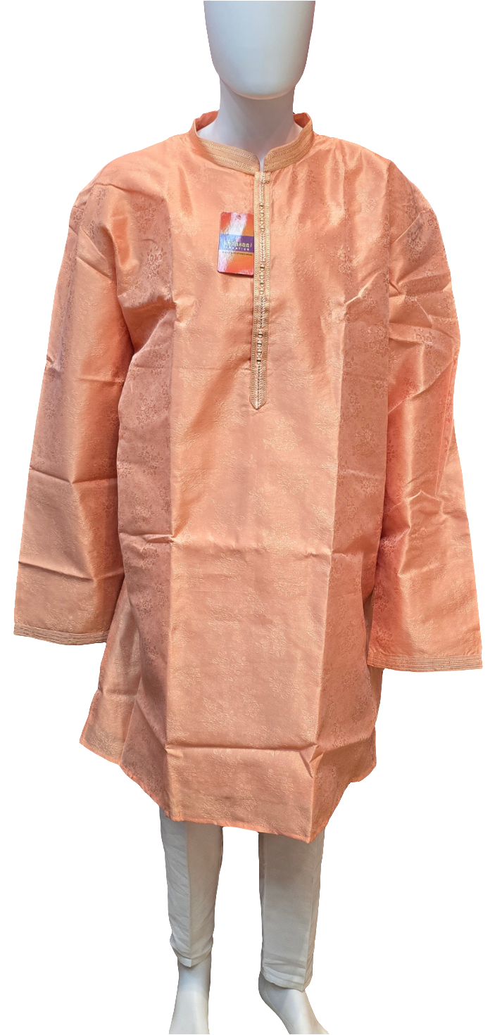 Dazzling Orange Colored Silk Cotton Men's Pajama Jacquard Kurta Sets