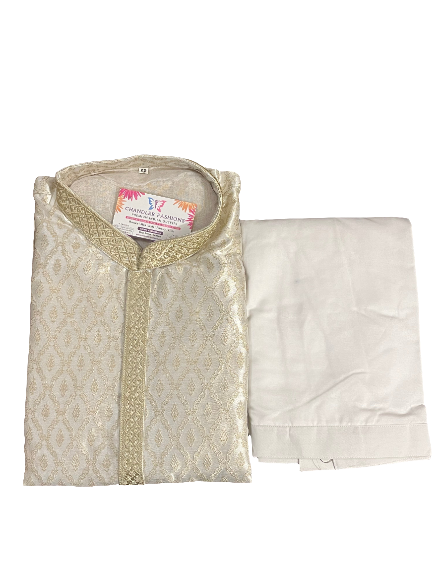 Dazzling Cream Color Full Sleeve Embroidery Work Kurta Pajama Set For Men