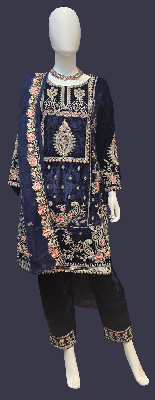 Attractive Dark Blue Velvet With Embroidery Work Salwar Suits With Dupatta For Women