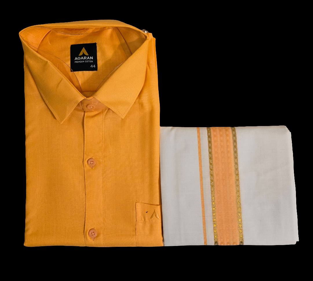Beautiful Light Orange Color Half Sleeves Cotton Shirt With Matching Border Dhoti Set