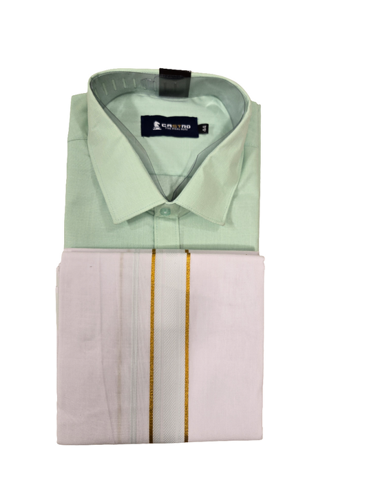 Mind Blowing Sea Green Color Full Sleeves Cotton Shirt With Matching Border Dhoti Set