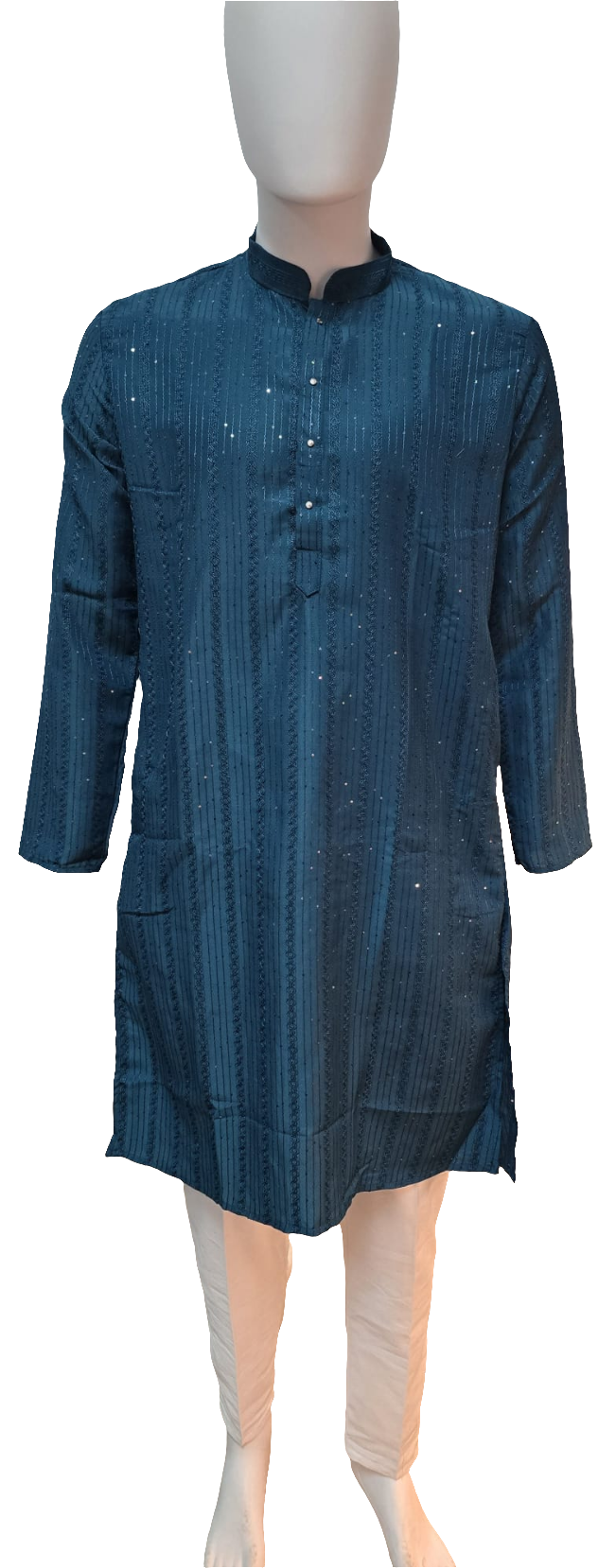 Alluring Teal Green Color Cotton Embroidered Kurta With Pajama For Men