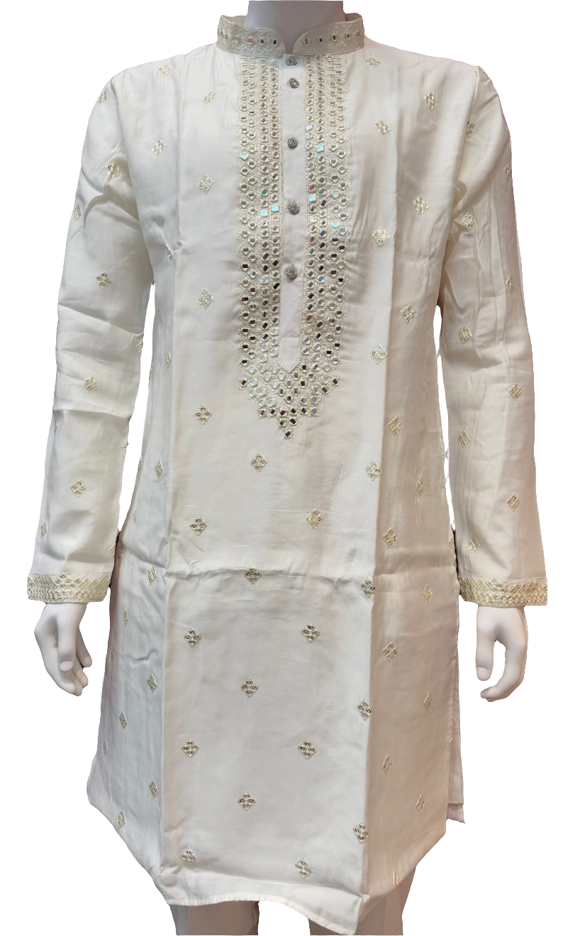 Attractive Cream Color Silk Kurta With Embroidery Work Suits For Men