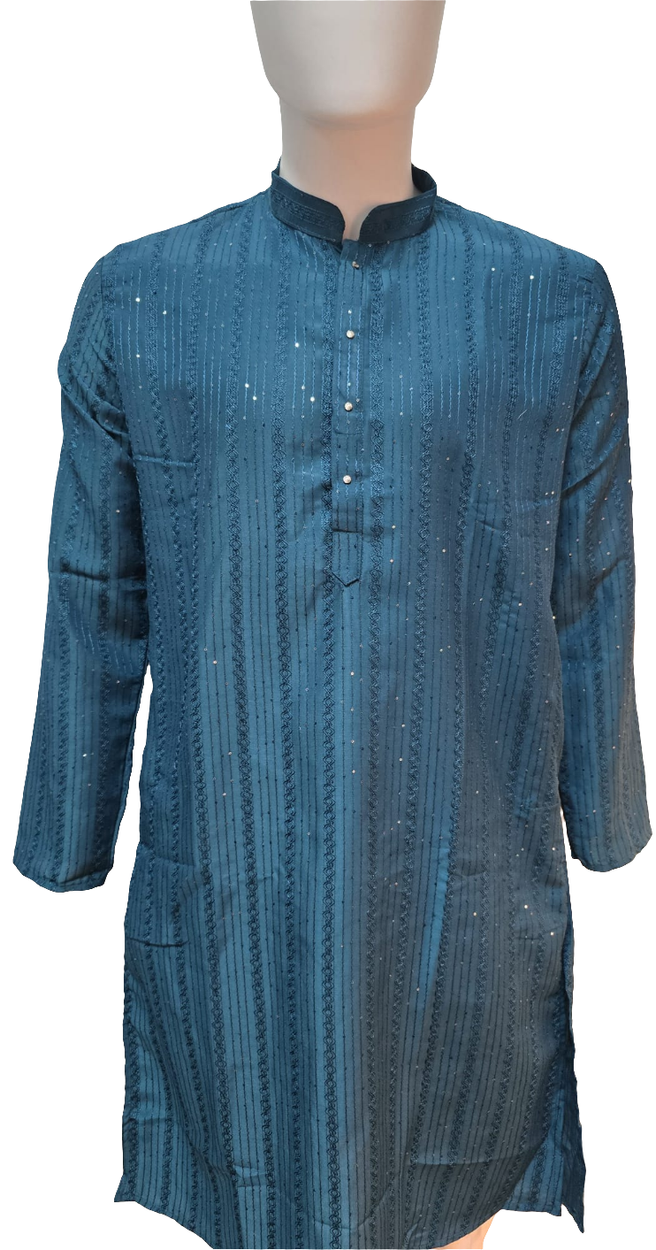 Alluring Teal Green Color Cotton Embroidered Kurta With Pajama For Men