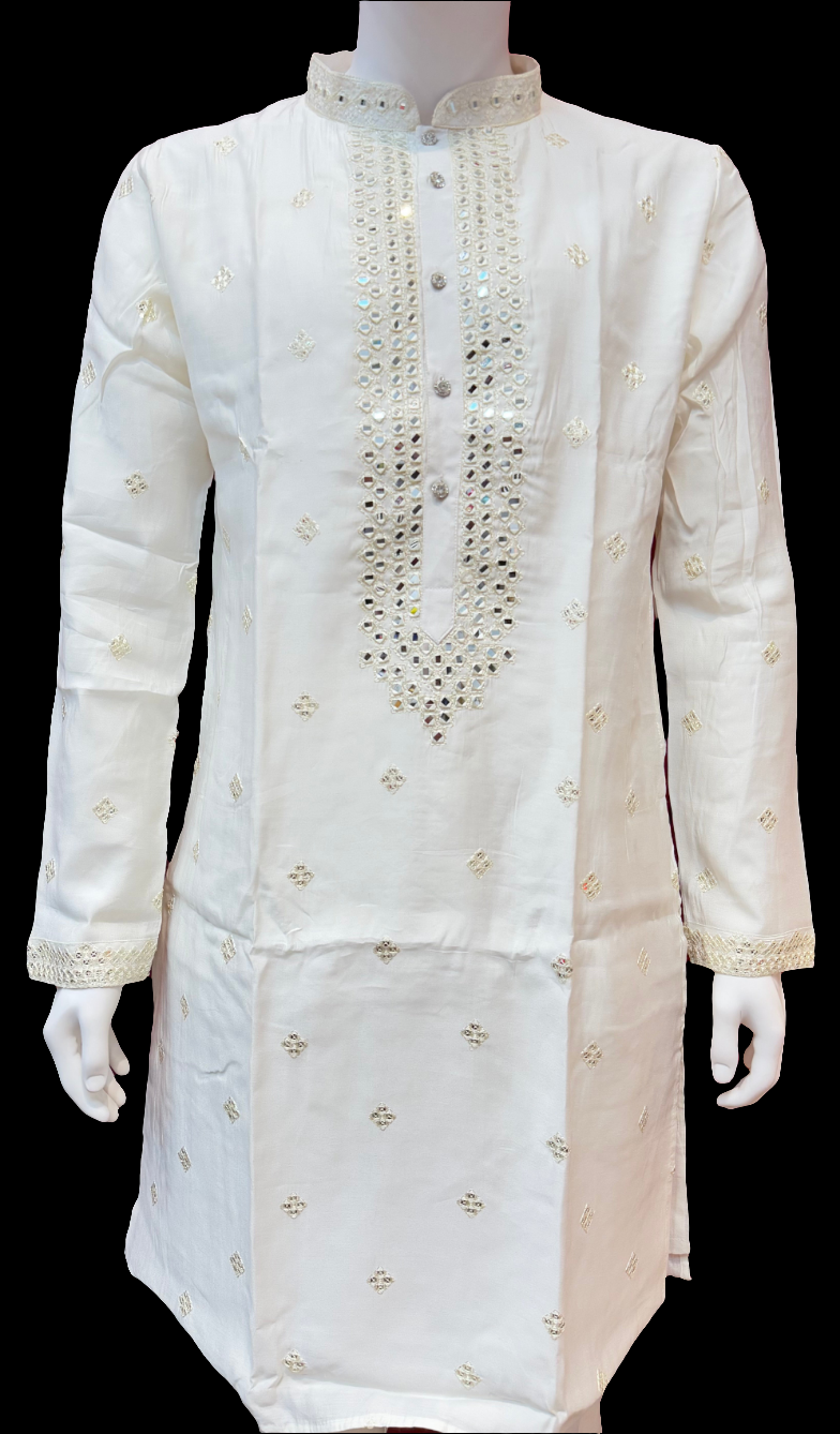 Attractive Cream Color Silk Kurta With Embroidery Work Suits For Men