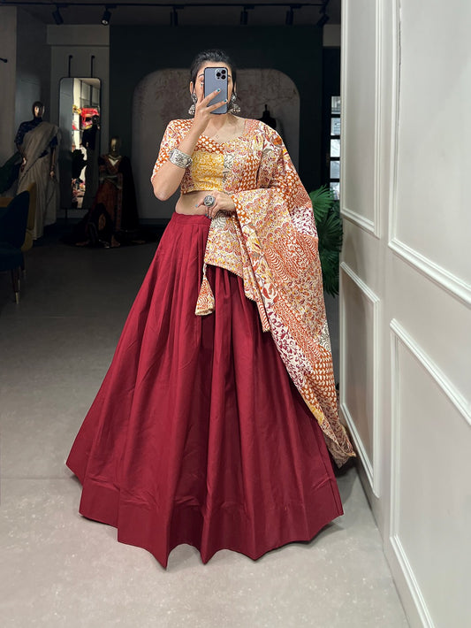 Alluring Maroon Color Dramatic Look Cotton Lehenga With Foil Print Dupatta