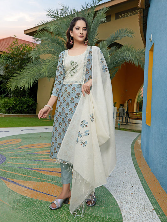 Stunning Gray Color Designer Kurtis Suits With Pant And Dupatta