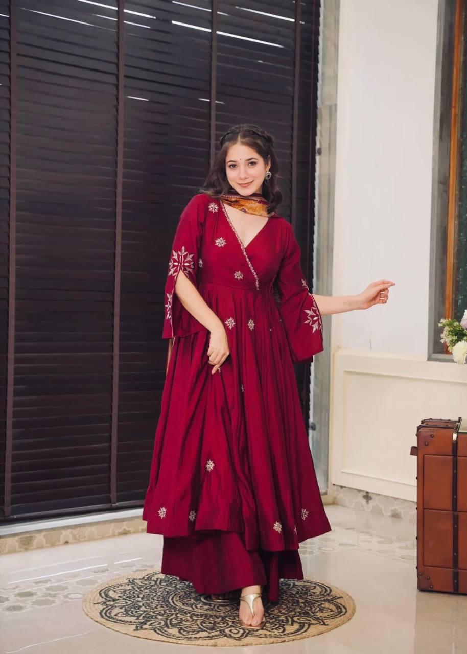 Gorgeous Maroon Color Chinon Anarkali Suits With Dupatta Near Me