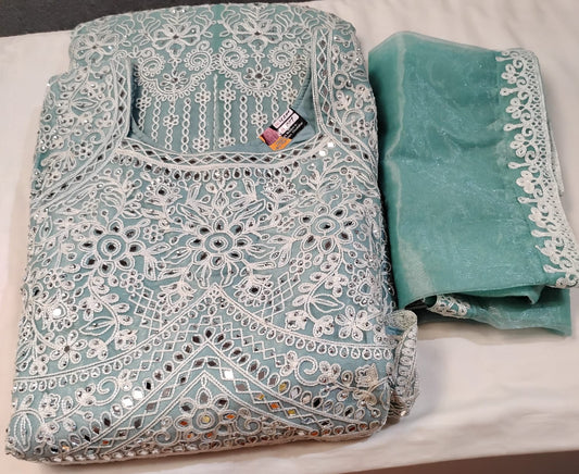 Wonderful Light Blue Color Georgette With Embroidery And Mirro Work Anarkali Gown For Women