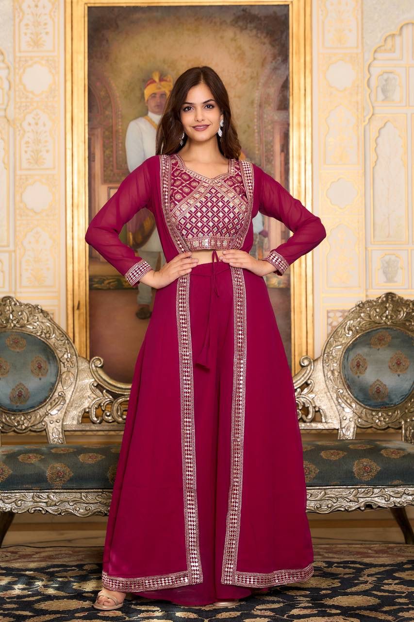  Maroon Color Lace Kurti With Palazzo Suits For Women In Tempe