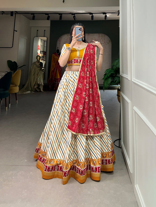 Delightful Yellow Colored Pure Cotton Laheriya With Patola Print Work Chaniya Lehenga Choli With Dupatta