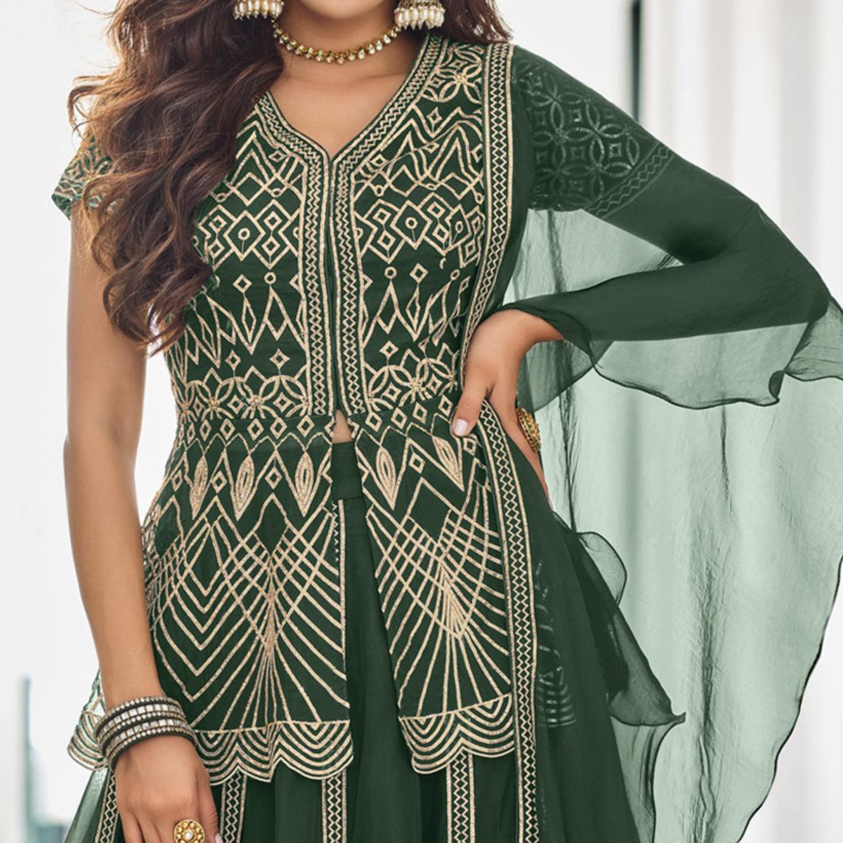 Attractive Green Colored Party Wear Kurti With Designer Skirt For