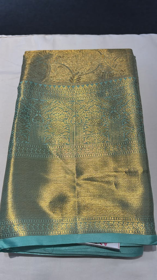 Magnificent Golden Light Blue Color Pure Kanchi Silk With Beautiful Aqua Color Motifs Border And Gold Zari Work Saree For Women