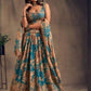 Beautiful Teal Blue Color Rose Printed Design and Golden Zari and Sequins Embroidered Lehengas With Dupatta Set