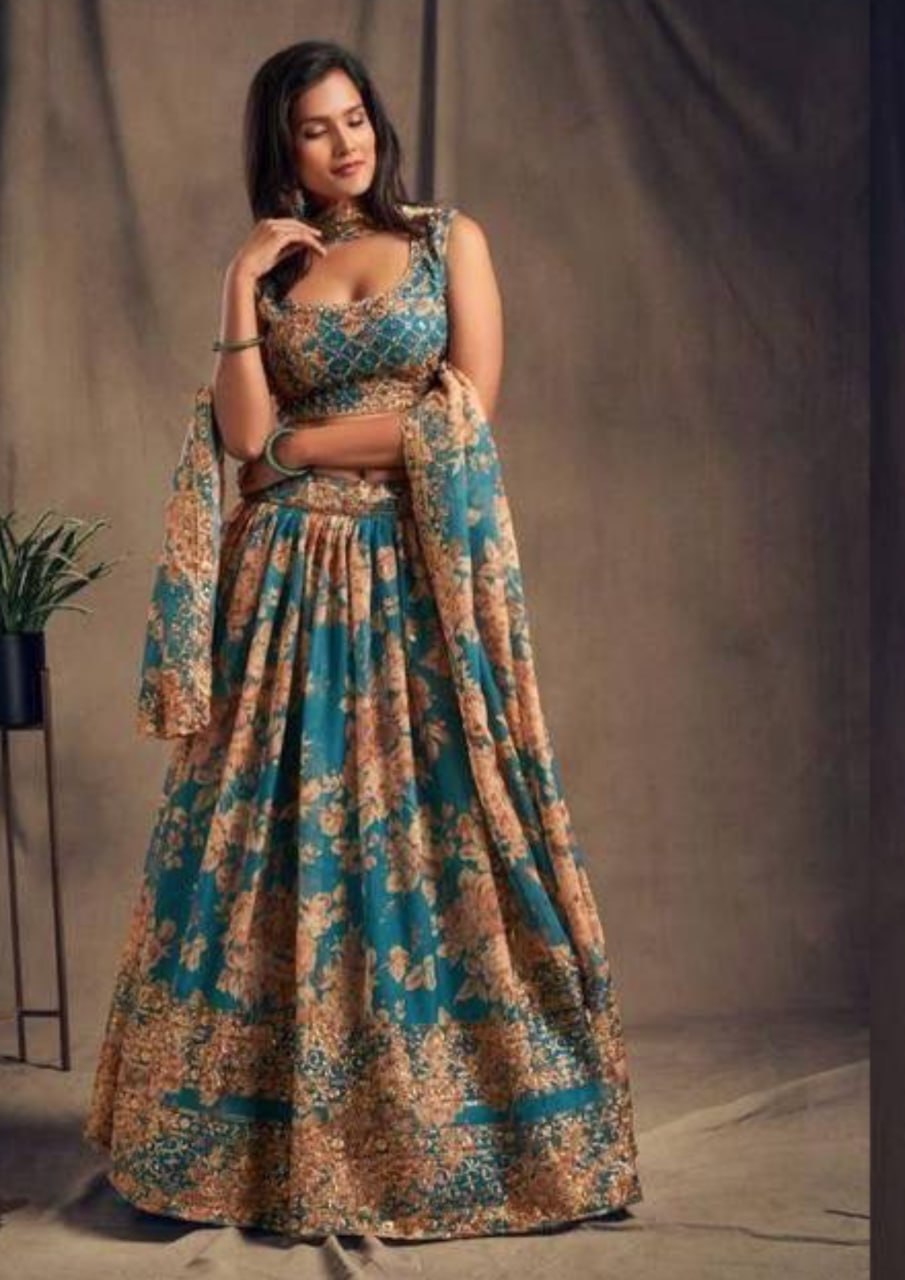 Beautiful Teal Blue Color Rose Printed Design and Golden Zari and Sequins Embroidered Lehengas With Dupatta Set