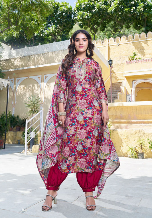 Gorgeous Red Colored Party Wear Kurti And Suits With Lace Work Dupatta